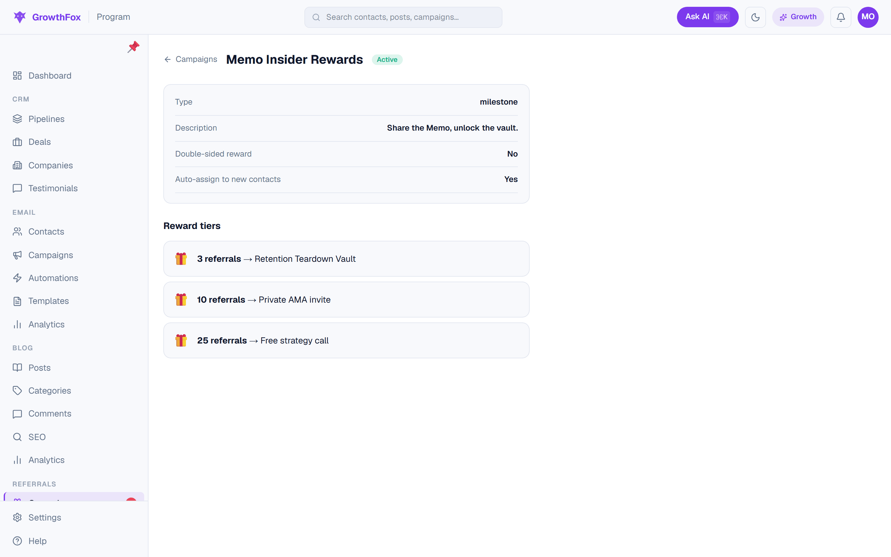 A GrowthFox referral program: milestone reward tiers, auto-assignment, and program status
